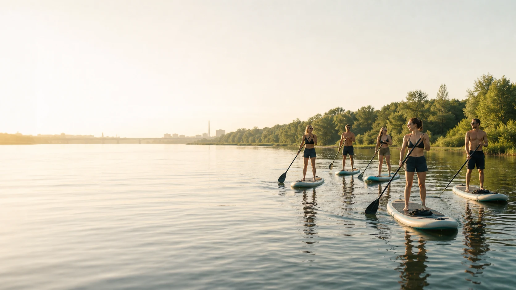 Компания друзей на SUP-досках на спокойной реке